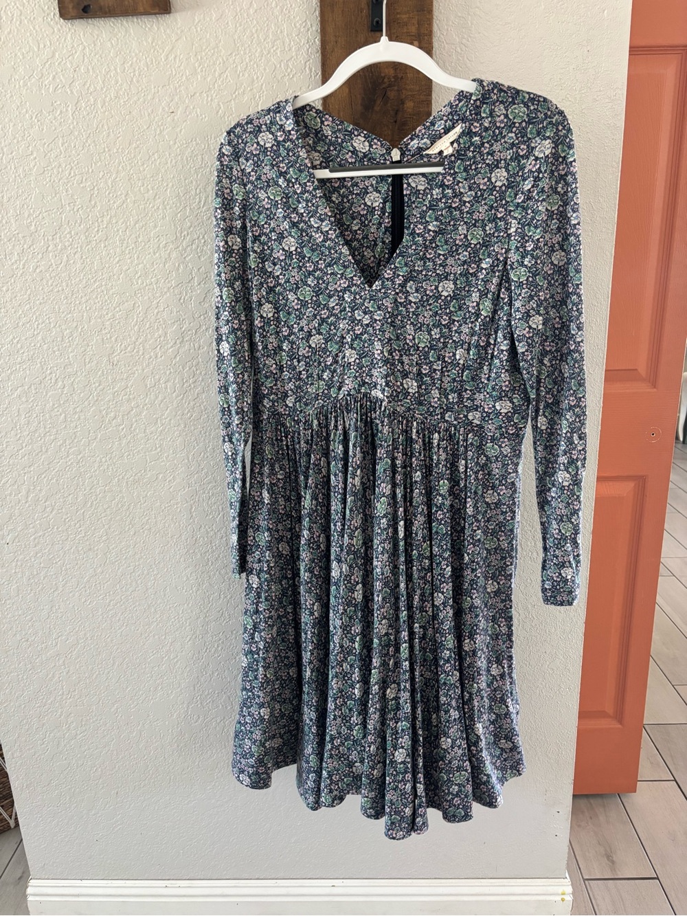 Rebecca Taylor Blue and Green Floral V-Neck Long Sleeve Dress